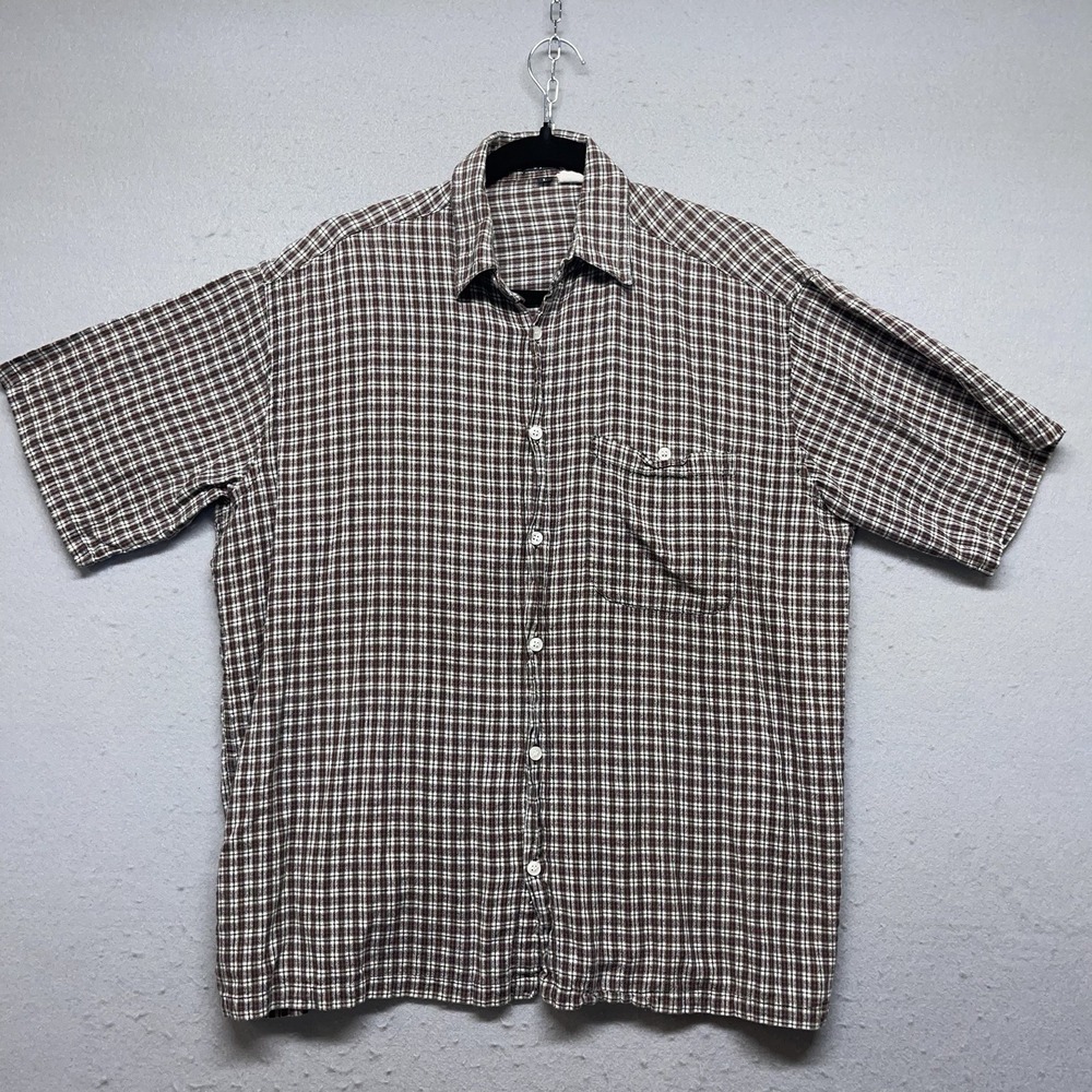 EJO Men's Large Plaid Button Front Short Sleeve Shirt Brown Cotton Casual L